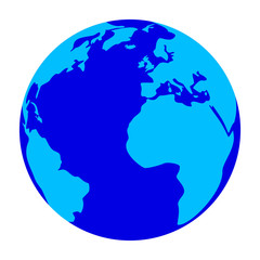 Blue Earth globe isolated on white background. Flat planet Earth icon with America, Africa and Europe continents side. Vector illustration.