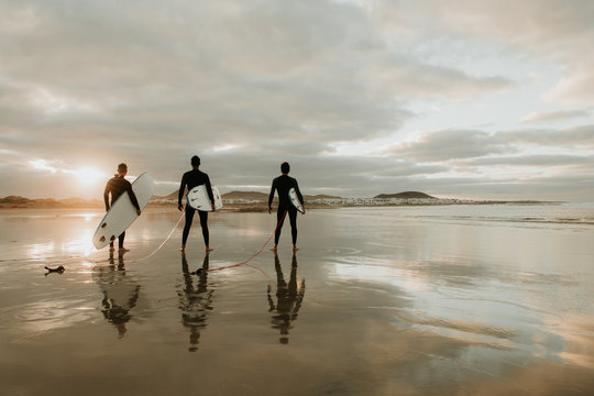 People with surfboard walking near sea