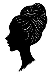 Silhouette of a profile of a sweet lady's head. The girl shows a female hairstyle on medium and long hair. Suitable for logo, advertising. Vector illustration.