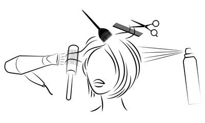 Silhouette of the head of a cute lady. The girl at the hairdresser. A woman makes a haircut, dyes, cuts hair, dries, varnishes. Vector illustration.
