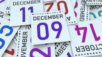 Calendar page shows December 9 date. 3D animation