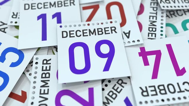 Calendar page shows December 9 date. 3D animation