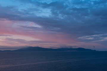 Sunrise on the sea with a blue sky and a flying Seagull over Monte Argentario