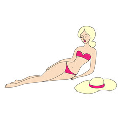 Girl in swimsuit and hat lying vector illustration