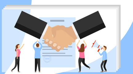 Vector illustration, handshake, conclusion of a contract. Symbol of success deal, happy partnership icon, greeting shake.