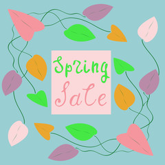 Abstract leaves on a gentle blue background. Spring background. Caption: Spring Sale. Illustration for design and decoration