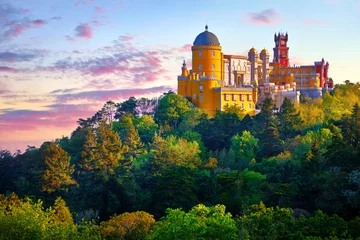 Poster National Palace of Pena in Sintra, near Lisbon, Portugal. Picturesque landscape with dawn and green trees. Blue morning sky with clouds. © Yasonya