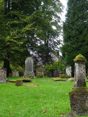 Mit Moos bewachsene alte Grabsteine auf einem schottischen Friedhof 