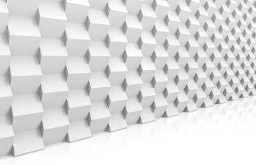 3d rendering. perspective view of abstract modern stack of random luxury white cube boxes wall design background.