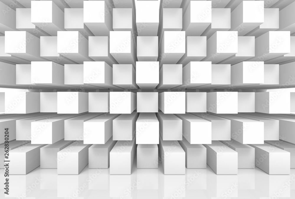 Poster 3d rendering. abstract modern stack of random luxury white cube boxes wall design background.