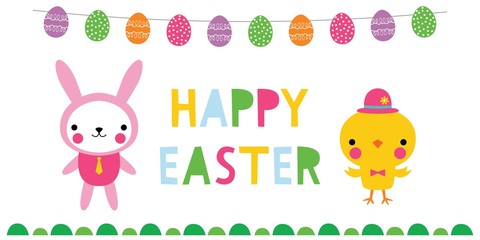 Easter banner with a bunny and a chick