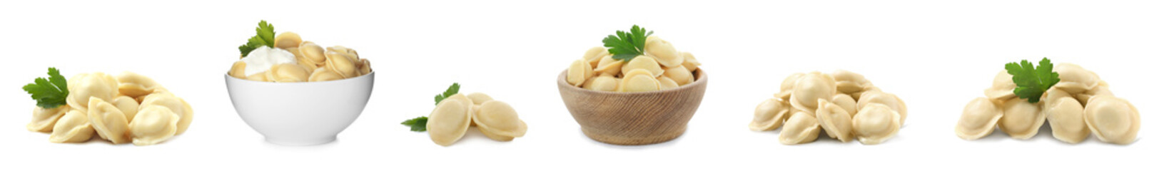 Set of delicious cooked dumplings on white background