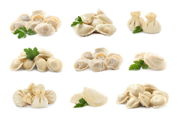Set of delicious cooked dumplings on white background