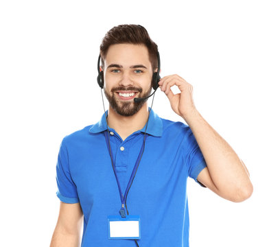 Portrait Of Technical Support Operator With Headset Isolated On White