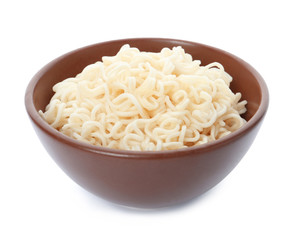 Tasty instant noodles in bowl isolated on white