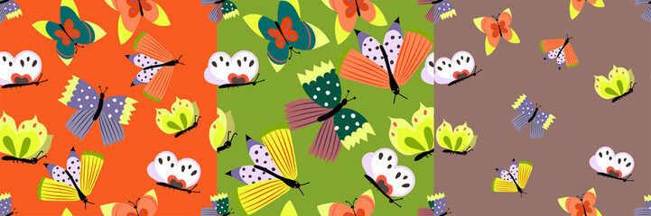 Seamless pattern with colorful butterflies.Set of three hand dra