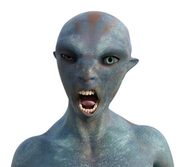 Illustration of an blue leathery skin cat like alien with a crazy open mouth expression showing teeth on a white background.