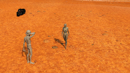 Illustration of an extraterrestrial walking toward a gray alien on a dry wasteland world with a motorcycle in the background.