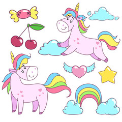 Unicorn badges set. Fashion badges with fairy tale animal, heart, star, cherry, candy and clouds. Cartoon comic style design elements for girls.