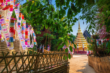 Prayer flags tung Hang with umbrella or Northern traditional flag hang on sand pagoda in the Phan...