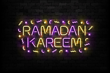 Vector realistic isolated neon sign of Ramadan Kareem typography logo for invitation decoration on the wall background.