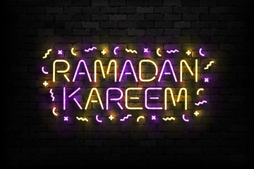 Obraz premium Vector realistic isolated neon sign of Ramadan Kareem typography logo for invitation decoration on the wall background.