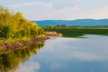 Beautiful lake surrounded by green grass.Lake in nature