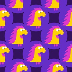 Cartoon pattern with yellow cartoon baby dinosaur pattern on purple background. Dinosaur baby girl cute print. Cute cartoon dino design. Cute cartoon wild animal. Vector illustration background.