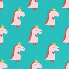 Cartoon pattern with pink cartoon baby dinosaur pattern on green background. Dinosaur baby girl cute print. Cute cartoon dino design. Cute cartoon wild animal. Vector illustration background.