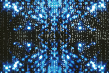 Blue matrix digital background. Abstract cyberspace concept. Characters fall down. Matrix from symbols stream. Virtual reality design. Complex algorithm data hacking. Cyan digital sparks.