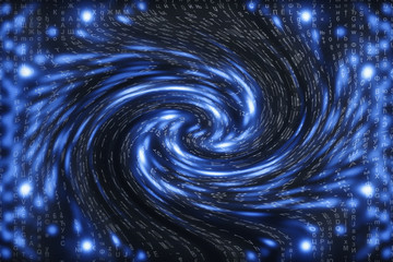 Blue matrix digital background. Distorted cyberspace concept. Characters fall down in wormhole....