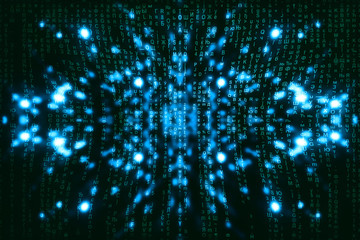 Blue green matrix digital background. Abstract cyberspace concept. Green characters fall down....