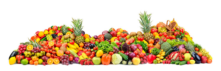 Big pile fruits and vegetables isolated on white