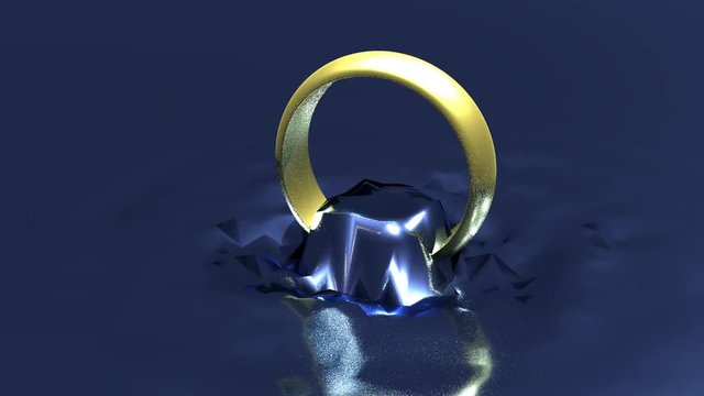 Drehender Ring auf blauer Flüssigkeit mit Inschrift "Unsere Hochzeit" mit Wellen