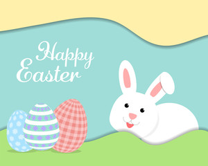 Happy Easter festival white rabbit and 3 eggs in pastel tone paper cut out  background