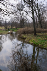 Fototapeta na wymiar Old ditch with water around the Shlokenbek estate in Latvia. 7 April 2019.