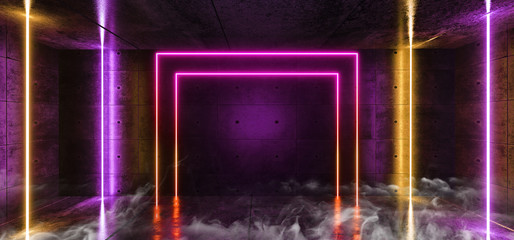 Smoke Rectangle Stage Laser Fluorescent Neon Glowing Vertical laser Tube Lines Purple Orange White Colors In Dark Grunge Rough Concrete Reflective Room Empty Space Sci Fi Modern Retro 3D Rendering