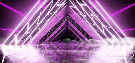 Smoke Bright Triangle Laser Neon Modern Futuristic Sci-Fi Alien Ship Tunnel With White And Purple Violet Glowing Abstract Shape Lights And Reflective Surface Black End And Empty Space 3D Rendering