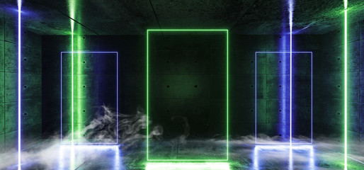 Smoke Rectangle Stage Laser Fluorescent Neon Glowing Vertical laser Tube Lines Blue Green White Colors In Dark Grunge Rough Concrete Reflective Room Empty Space Sci Fi Modern Retro 3D Rendering
