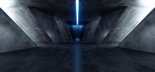 Neon Laser Blue Sci Fi Modern Concrete Cement Dark Empty Asphalt Reflective Grunge Hall Room Corridor Tunnel Spaceship Glowing White Cinematic Daylight Rays Glow 3d Rendering - obrazy, fototapety, plakaty
