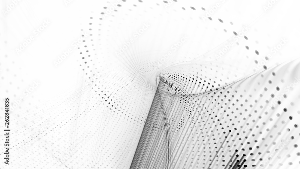 Fototapete Abstract white background. 3d illustration. Fractal graphics composition of dots, waves and rays of light.