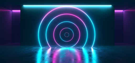 Circle Shaped Neon Glowing Fluorescent Vibrant Purple Pink Blue Empty Stage Studio Club Dance Lights Room Reflections Elegant Sci Fi Futuristic Hall Ultraviolet 3D Rendering
