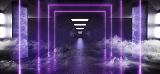 Smoke Steam Fog Reflective Glowing Alien Spaceship Sci Fi Futuristic Room Hall Corridor Hall Windows Light Blue Ultraviolet Vibrant White Glowing Neon Fluorescent Abstract Lines Path 3D Rendering