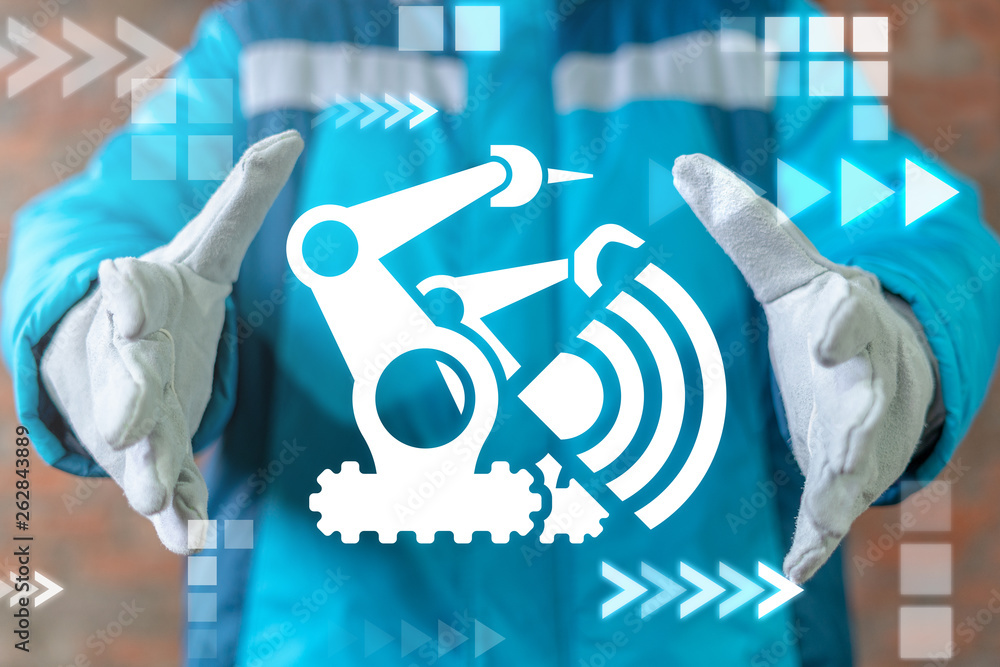 Poster industrial worker uses on a virtual screen of the future and offers the icon: robotics manipulators 