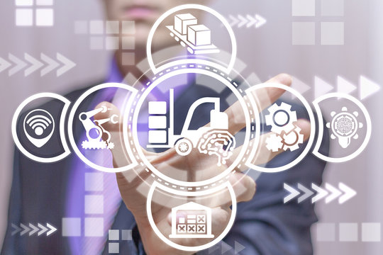 Man uses on a virtual screen of the future and sees the icon: forklift truck brain circuit. Smart Forklift Trucks. Warehouse Industry AI Automated Autonomous Fright Vehicle.