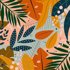Bright tropical leaves on a delicate green background. Vector design.