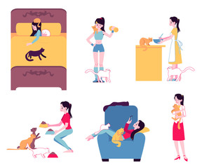 Vector happy women cat owners surrounded by cats