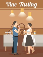 Wine Tasting in Old Winery Flat Vector Poster