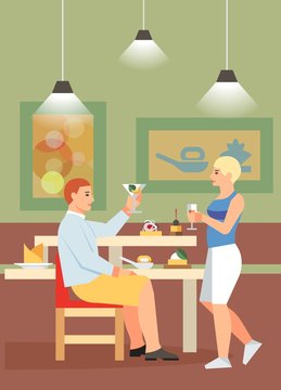 Couple Drinking Cocktails Flat Vector Illustration