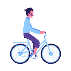 Vector young man riding blue bike icon